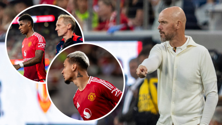 SAN DIEGO, CA - JULY 31: Manchester United head coach Erik Ten Hag gestures on the touchline in the first half of a friendly match between Manchest...