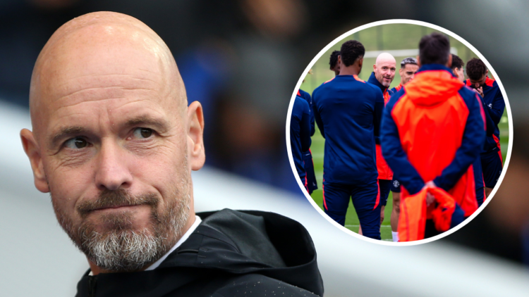 BRIGHTON, ENGLAND - AUGUST 24: Erik ten Hag, Manager of Manchester United, looks on prior to the Premier League match between Brighton & Hove Albio...