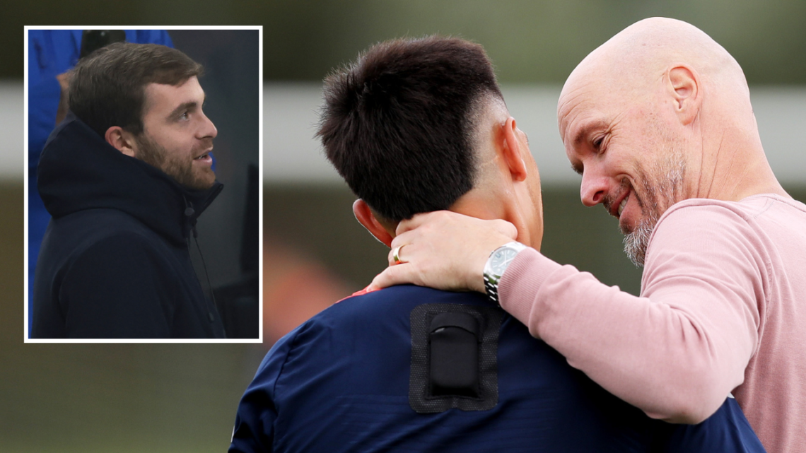MANCHESTER, ENGLAND - AUGUST 05: Lisandro Martinez and Manager Erik ten Hag of Manchester United in action during a first team training session at ...