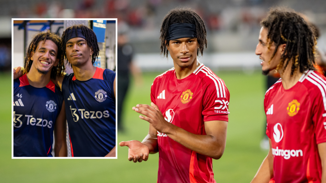 SAN DIEGO, CALIFORNIA - JULY 31: Maxi Oyedele and Hannibal Mejbri of Manchester United applaud the fans after a pre-season friendly match between M...