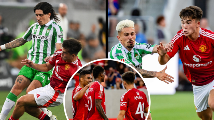 SAN DIEGO, CALIFORNIA - JULY 31: Harry Amass of Manchester United in action with Rodri of Real Betis during a pre-season friendly match between Man...