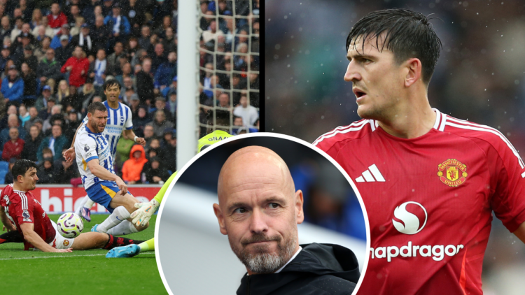 BRIGHTON, ENGLAND - AUGUST 24: Harry Maguire of Manchester United looks on during the Premier League match between Brighton & Hove Albion FC and Ma...
