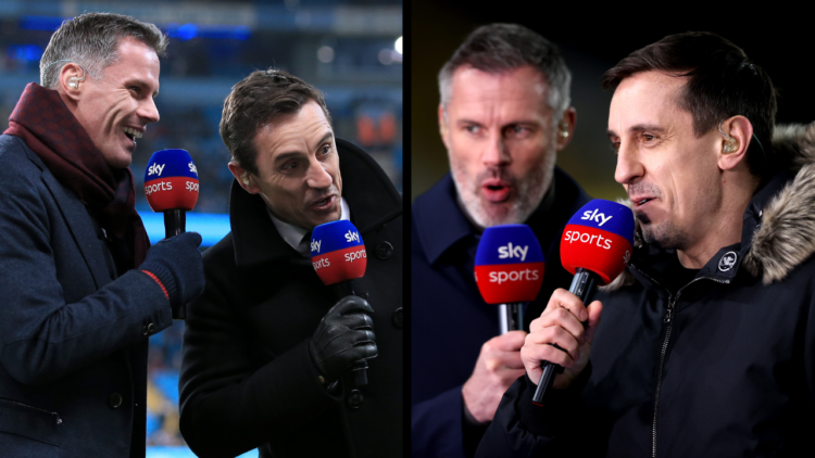 MANCHESTER, ENGLAND - JANUARY 03: Sky Sports television pundits Jamie Carragher (L) and Gary Neville joke in front of the camera during the Premier...