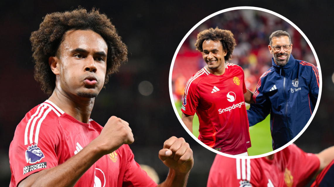 MANCHESTER, ENGLAND - AUGUST 16: Joshua Zirkzee of Manchester United celebrates after the final whistle during the Premier League match between Man...