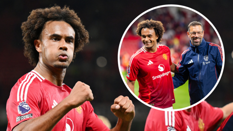 MANCHESTER, ENGLAND - AUGUST 16: Joshua Zirkzee of Manchester United celebrates after the final whistle during the Premier League match between Man...