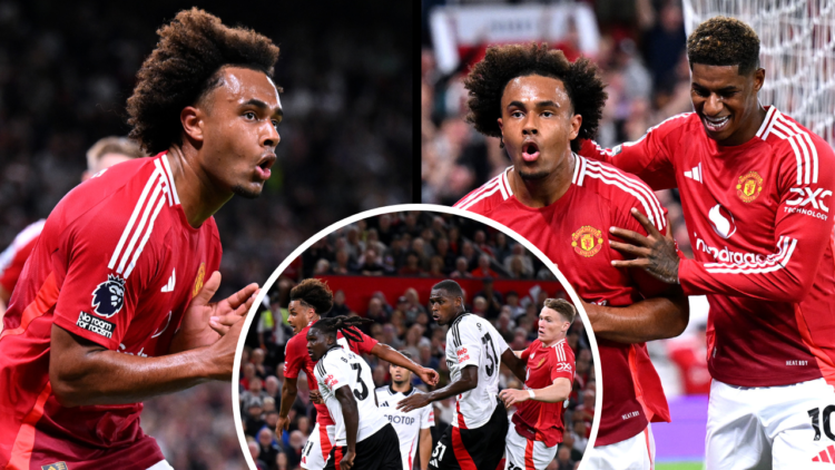 MANCHESTER, ENGLAND - AUGUST 16: Joshua Zirkzee of Manchester United celebrates scoring his team's first goal during the Premier League match betwe...