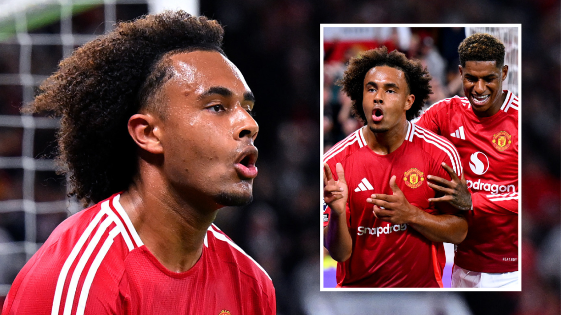 MANCHESTER, ENGLAND - AUGUST 16: Joshua Zirkzee of Manchester United celebrates scoring his team's first goal during the Premier League match betwe...