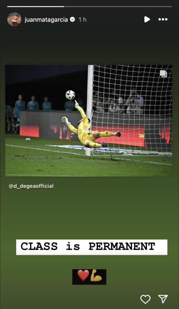 Juan Mata’s message to Manchester United legend David de Gea after Fiorentina’s win vs Puskas Akademia. Credit: Instagram