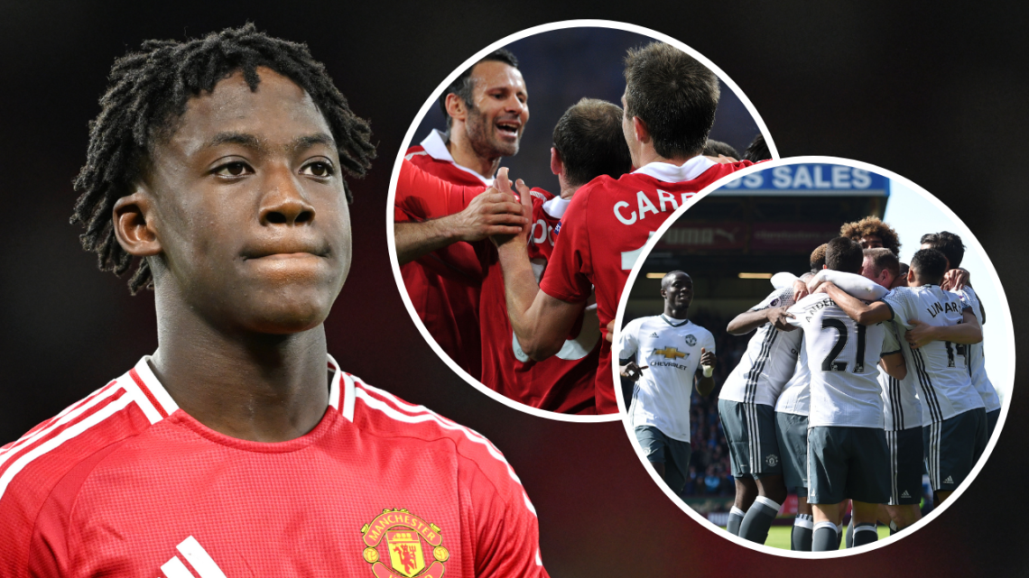 MANCHESTER, ENGLAND - AUGUST 16: Kobbie Mainoo of Manchester United looks on during the Premier League match between Manchester United FC and Fulha...