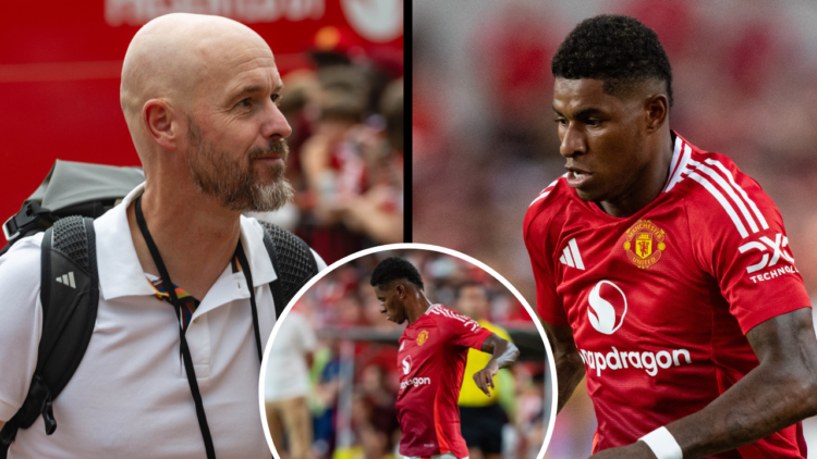 COLUMBIA, SOUTH CAROLINA - AUGUST 03: Marcus Rashford #10 of Manchester United brings the ball up the field in the first half during their pre-seas...