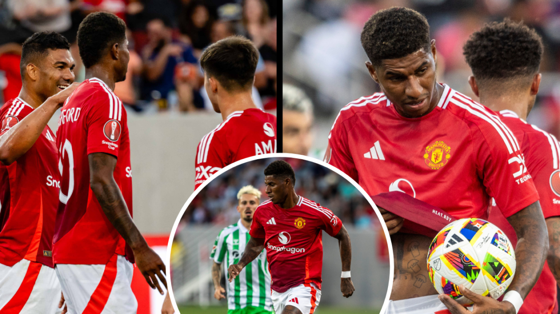 SAN DIEGO, CA - JULY 31: Manchester United forward Marcus Rashford (10) holds the ball before taking a penalty pick in the first half of a friendly...