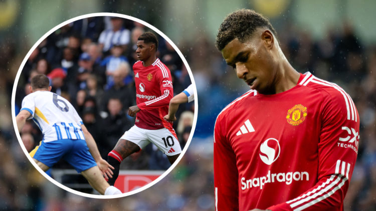BRIGHTON, ENGLAND - AUGUST 24: Marcus Rashford of Manchester United reacts during the Premier League match between Brighton & Hove Albion FC and Ma...