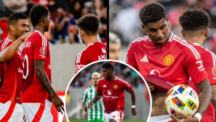 SAN DIEGO, CA - JULY 31: Manchester United forward Marcus Rashford (10) holds the ball before taking a penalty pick in the first half of a friendly...