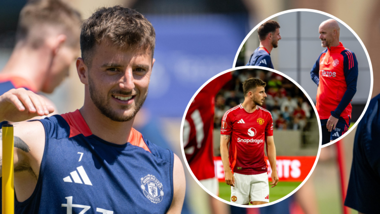 LOS ANGELES, CALIFORNIA - JULY 30: (EXCLUSIVE COVERAGE) Mason Mount of Manchester United in action during a first team training session at UCLA Cam...