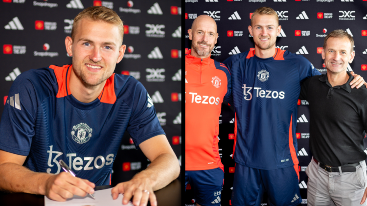 MANCHESTER, ENGLAND - AUGUST 13: (EXCLUSIVE COVERAGE) Matthijs de Ligt of Manchester United poses with Manager Erik ten Hag and Sporting Director D...
