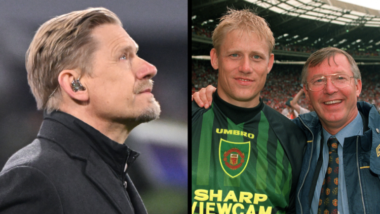 Formwr Danish goalkeeper Peter Schmeichel, works for TV at the UEFA Champions League round of 16, second-leg football match between FC Bayern Munic...