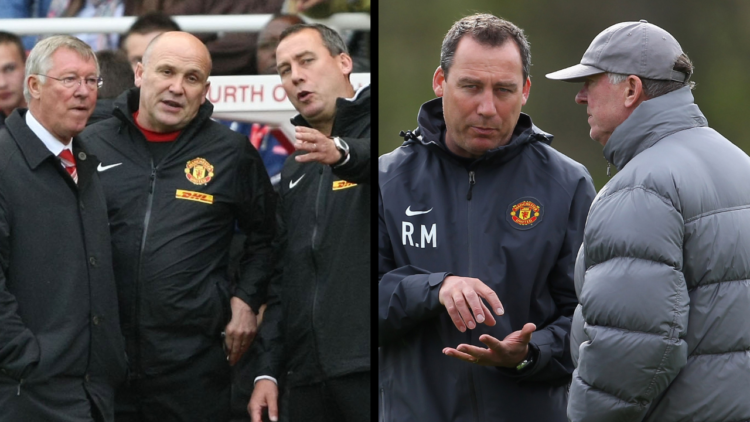 MANCHESTER, ENGLAND - APRIL 05: Sir Alex Ferguson the manager of Manchester United talks with Rene Meulensteen during a Manchester United training ...