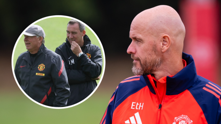 MANCHESTER, ENGLAND - AUGUST 19: (EXCLUSIVE COVERAGE) Manager Erik ten Hag of Manchester United in action during a first team training session at C...