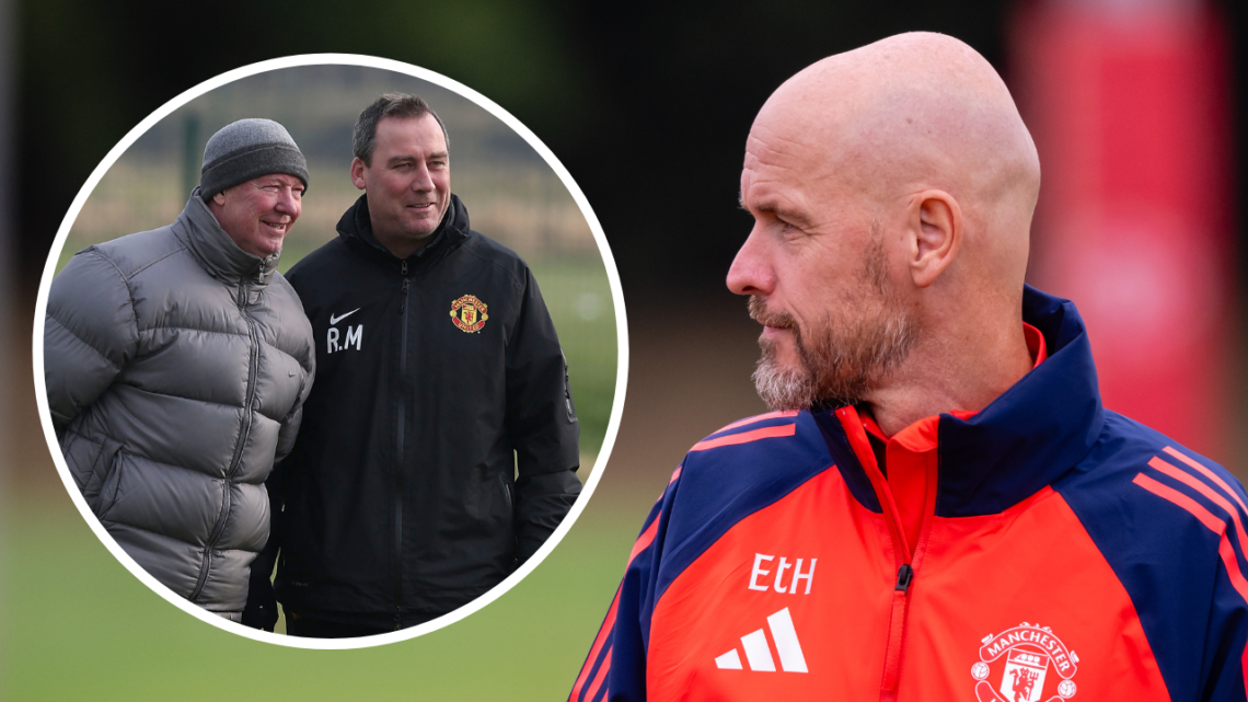MANCHESTER, ENGLAND - AUGUST 19: (EXCLUSIVE COVERAGE) Manager Erik ten Hag of Manchester United in action during a first team training session at C...