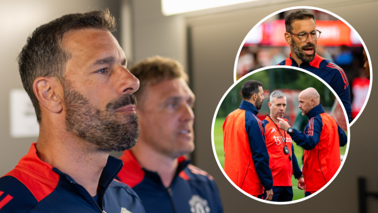 SAN DIEGO, CALIFORNIA - JULY 31: Assistant Manager Ruud van Nistelrooy and First Team Coach Darren Fletcher of Manchester United warm up ahead of t...