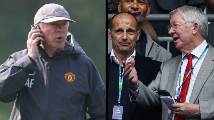 LONDON, ENGLAND - JUNE 01: Massimiliano Allegri and Alex Ferguson in the stands before the UEFA Champions League 2023/24 final match between Boruss...