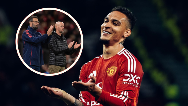 Antony with his hands out. Inset, Ruud van Nistelrooy and Erik ten Hag applaud