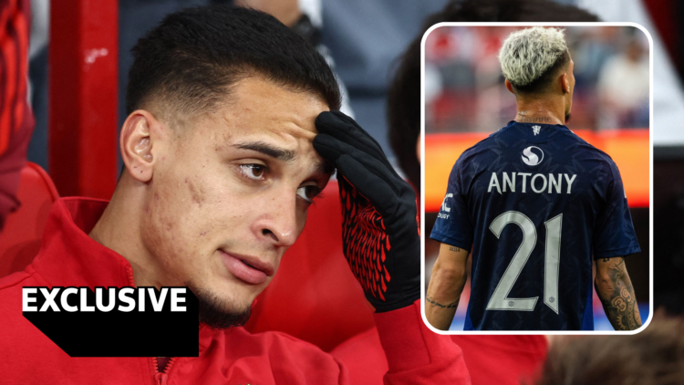 Antony head in hands on bench. Inset, Antony back of shirt with number 21