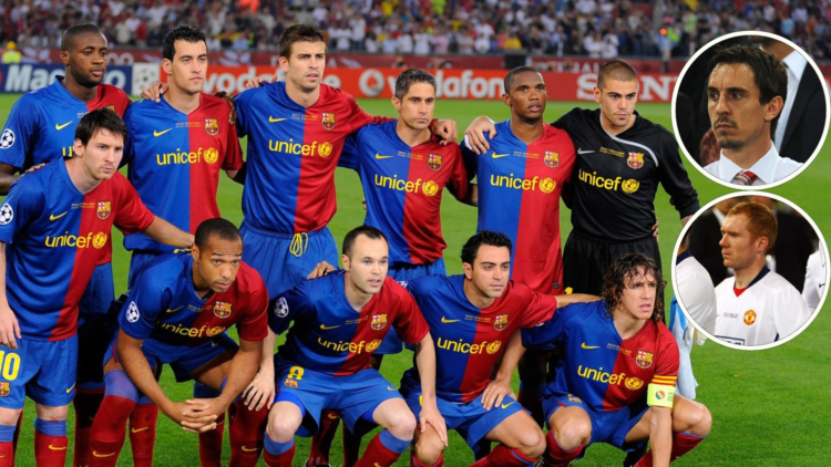 Barcelona squad photo 2009 final. Inset, Gary Neville headshot wearing suit, Paul Scholes dejected
