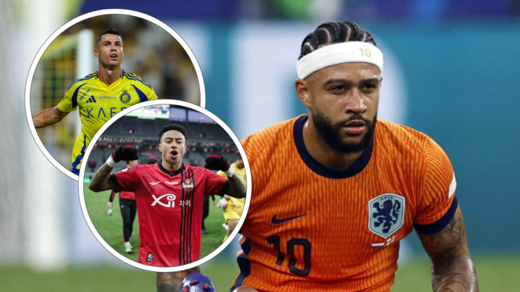 Memphis Depay in orange football kit wears headband. Insrt, Cristiano Ronaldo in yellow kit, and Jesse Lingard in red kit