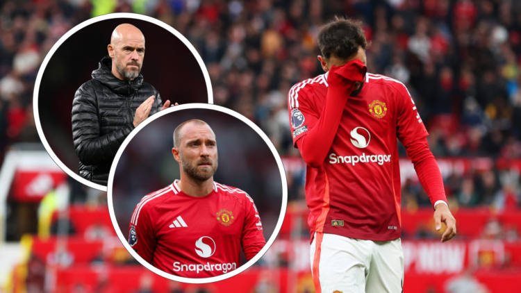 Bruno Fernandes walks off after red card, head in hands. Inset, Erik ten Hag applauds, inset, Christian Eriksen