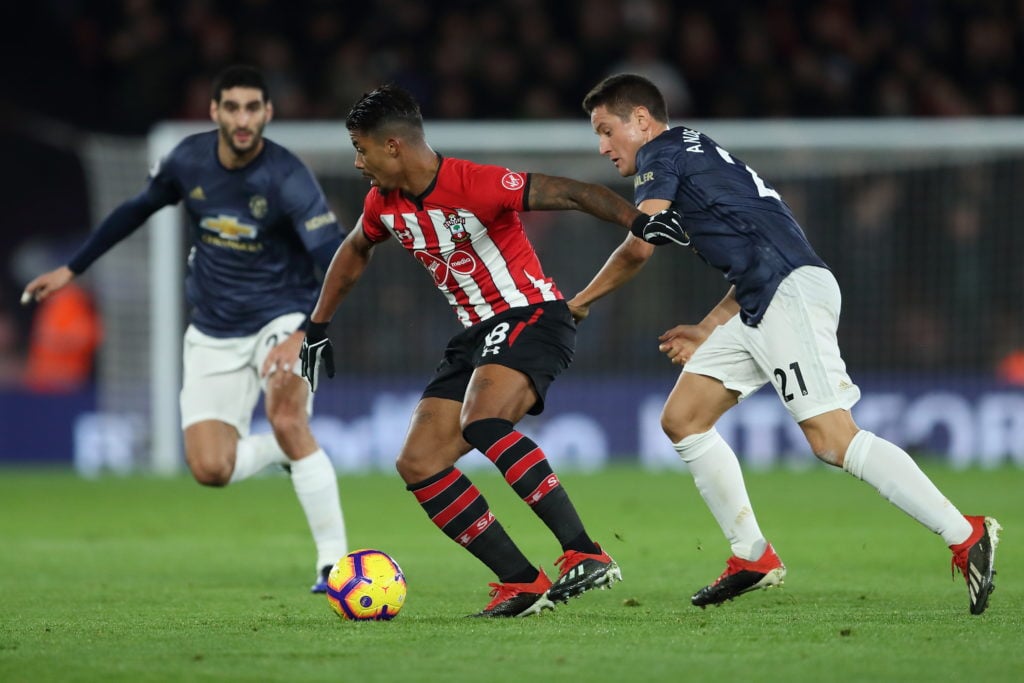 Mario Lemina of Southampton and Ander Herrera of Manchester United during the Premier League match between Southampton FC and Manchester United at ...