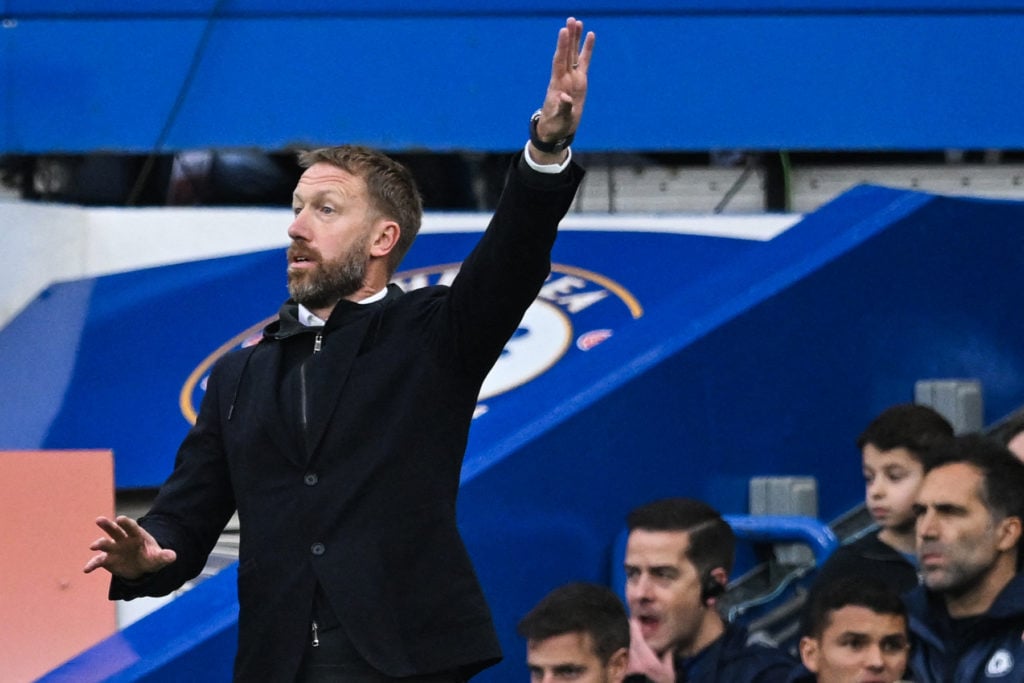 Chelsea's English head coach Graham Potter gestures during the English Premier League football match between Chelsea and Aston Villa at Stamford Br...