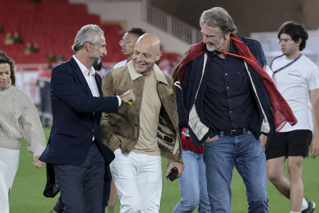 Ineos Sport CEO Jean-Claude Blanc, Ineos Sports Director Dave Brailsford and Ineos CEO and owner of OGC Nice Jim Ratcliffe celebrate Nice victory on the pitch following the Ligue 1 Uber Eats match between AS Monaco (ASM) and OGC Nice (OGCN) at Stade Louis II on September 22, 2023