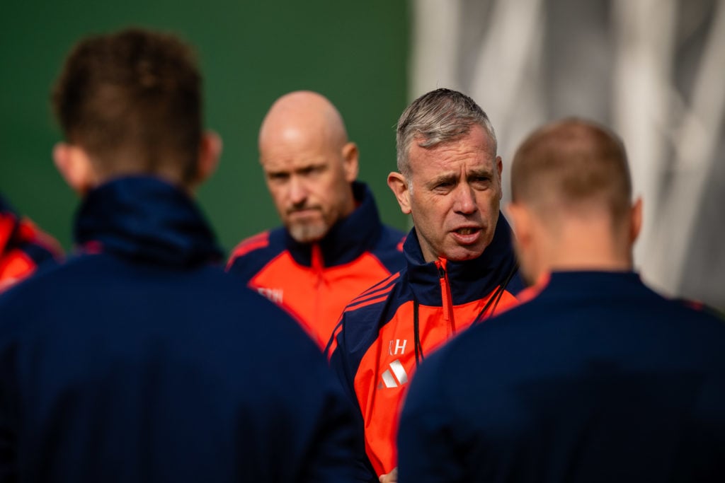 (EXCLUSIVE COVERAGE) Manager Erik ten Hag, Assistant manager Rene Hake of Manchester United in action during a first team training session at Carri...