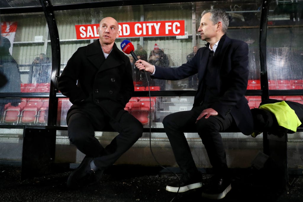 Nicky Butt, Chief Executive Officer of Salford City, is interviewed by Sky Sports prior to the Sky Bet League Two match between Salford City and St...