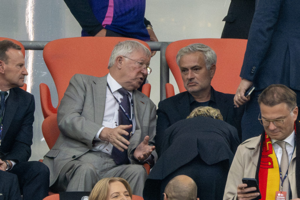 Manchester United legend Sir Alex Ferguson and Fenerbahce manager Jose Mourinho attend the Euro 2024 Group A match between Germany and Scotland at the Munich Football Arena in Munich in 2024.