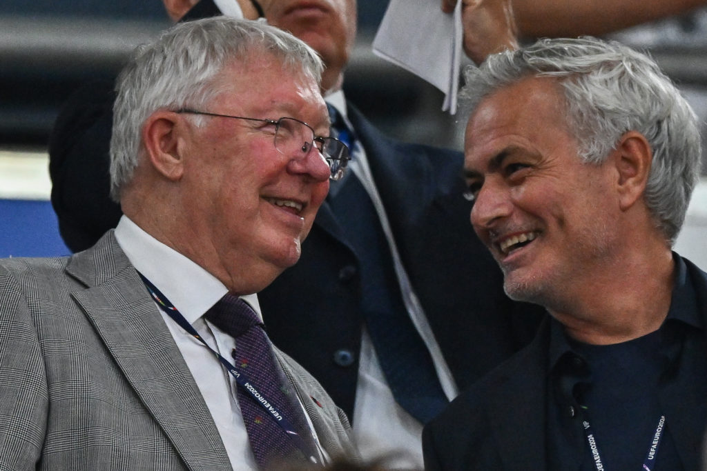 Alex Ferguson and Jose Mourinho watching together the UEFA EURO 2024 group stage match between Germany and Scotland at Munich Football Arena on Jun...