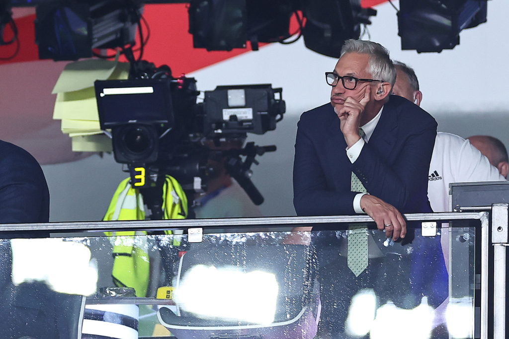 Gary Lineker looks on fro the BBC television studio during the UEFA EURO 2024 final match between Spain and England at Olympiastadion on July 14, 2...