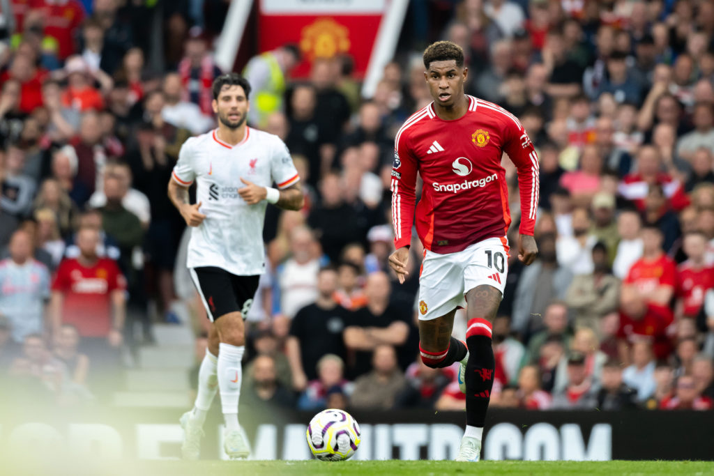 Marcus Rashford of Manchester United in action during the Premier League match between Manchester United FC and Liverpool FC at Old Trafford on Sep...