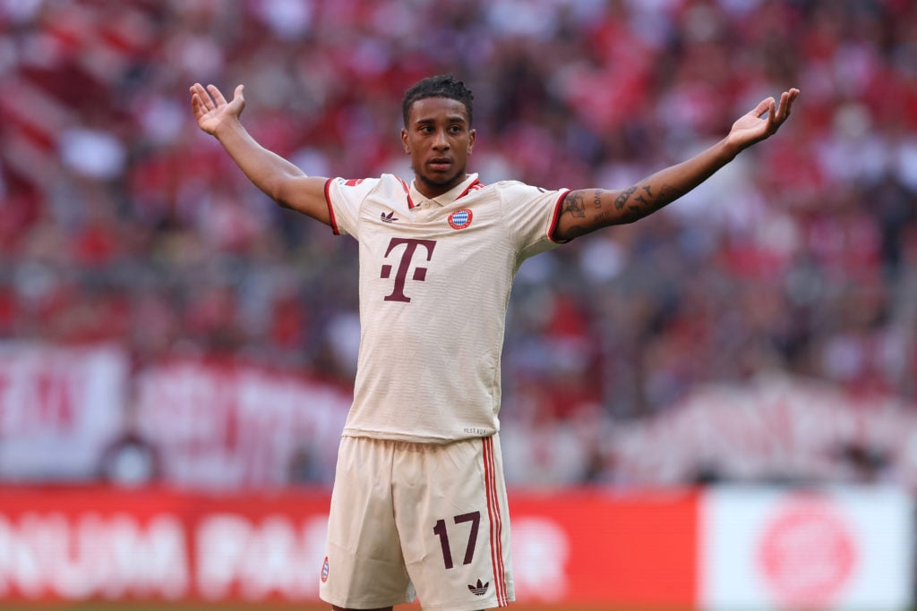 Michael Olise of Bayern Munich reacts during the Bundesliga match between FC Bayern München and Sport-Club Freiburg at Allianz Arena on September 0...