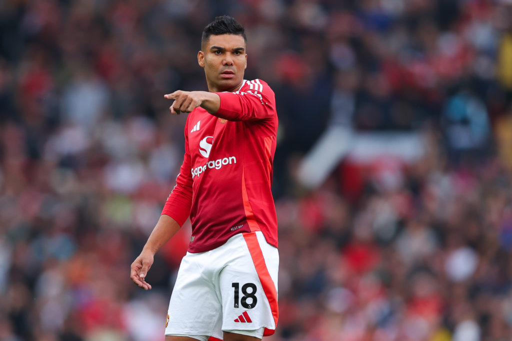 Casemiro of Manchester United during the Premier League match between Manchester United FC and Liverpool FC at Old Trafford on September 01, 2024 i...