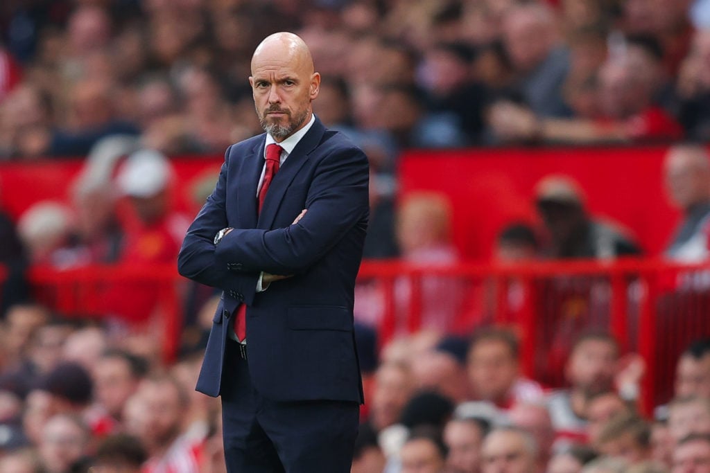 Erik ten Hag, manager of Manchester United, during the Premier League match between Manchester United FC and Liverpool FC at Old Trafford on Septe...