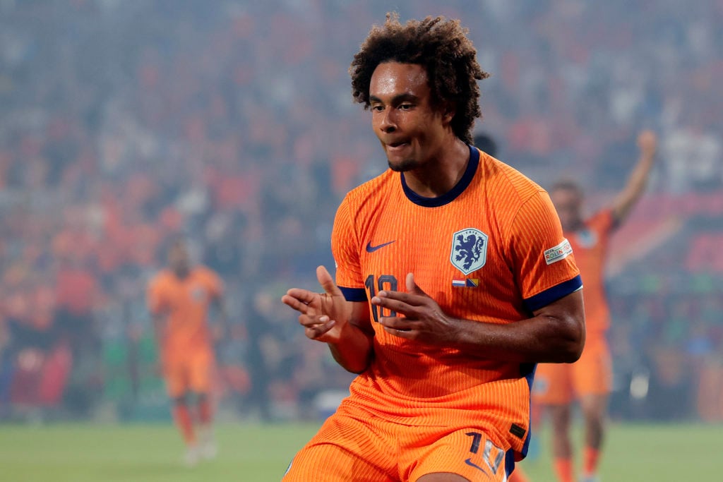 Joshua Zirkzee of Holland celebrates 1-0 during the UEFA Nations league match between Holland v Bosnia and Herzegovina at the Philips Stadium on ...