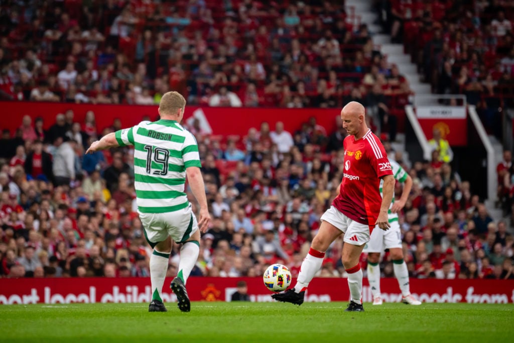 Nicky Butt of Manchester United Legends in action during the Legends match between Manchester United Legends and Celtic Legends at Old Trafford on ...