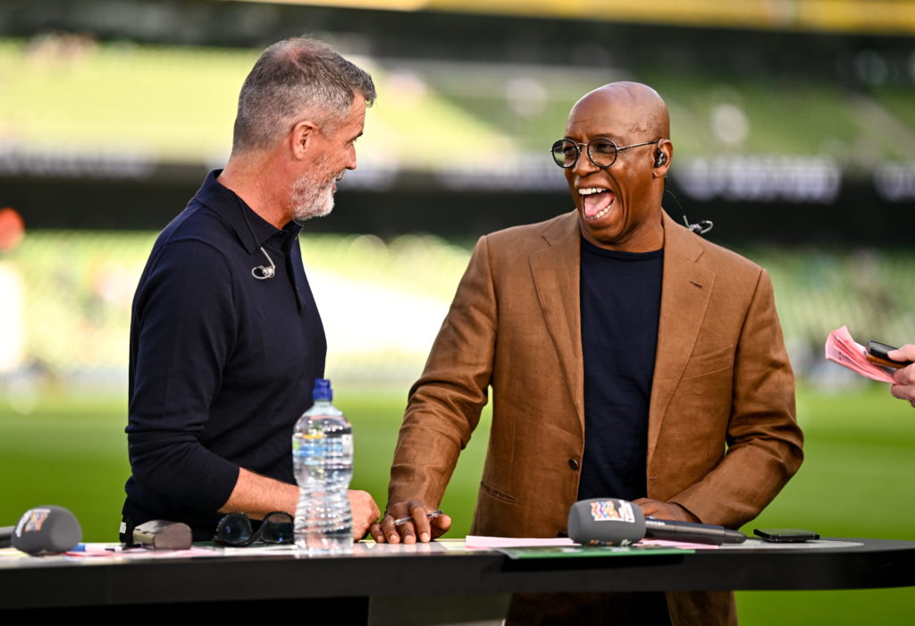 Dublin , Ireland - 7 September 2024; ITV pundits Roy Keane, left, and Ian Wright share a joke before the UEFA Nations League B Group 2 match betwee...