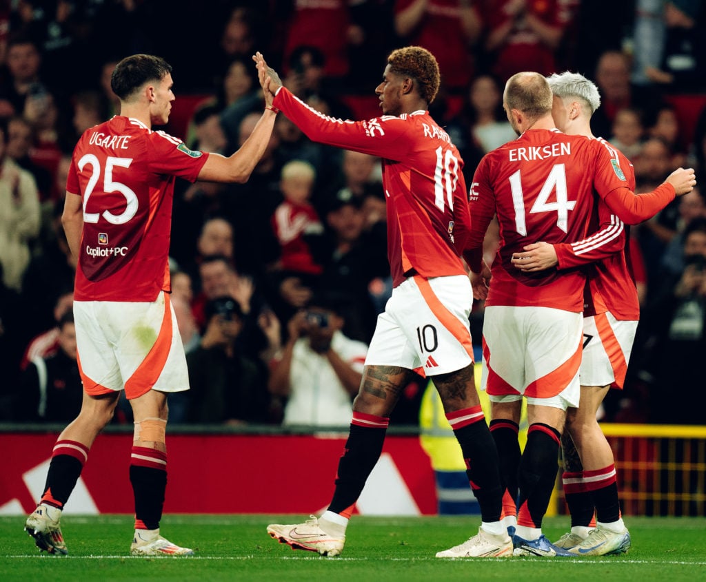 Manual Ugarte, Marcus Rashford of Manchester United celebrate Alejandro Garnacho scoring their fourth goal during the Carabao Cup Third Round match...