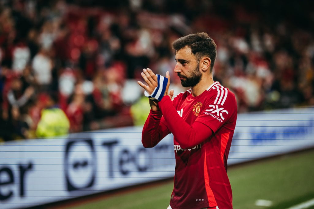 Bruno Fernandes of Manchester United applauds fans following the Carabao Cup Third Round match between Manchester United and Barnsley at Old Traffo...