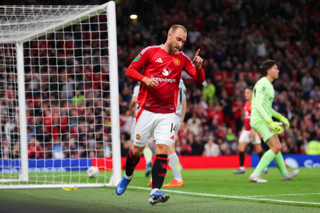 Christian Eriksen of Manchester United celebrates scoring his team's sixth goal during the Carabao Cup Third Round match between Manchester United ...