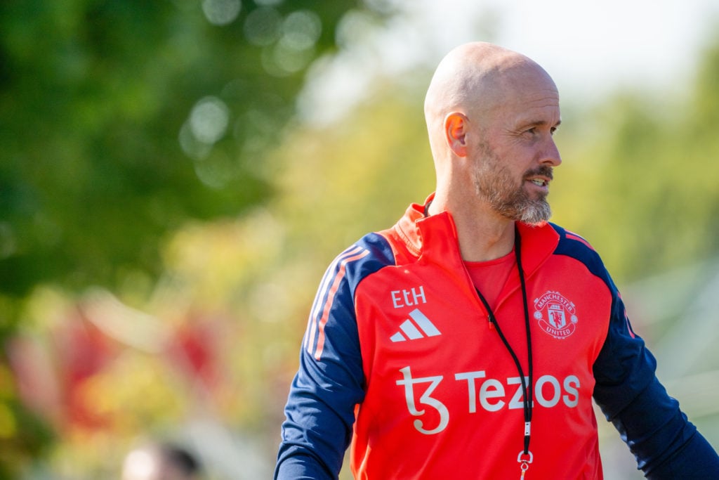 (EXCLUSIVE COVERAGE) Manager Erik ten Hag of Manchester United in action during a first team training session at Carrington Training Ground on Sept...