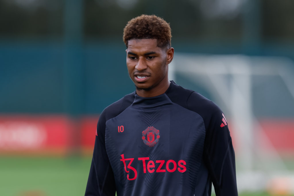 Marcus Rashford of Manchester United looks on during the training session ahead of the UEFA Europa League 2024/25 League Phase MD1 match between Ma...